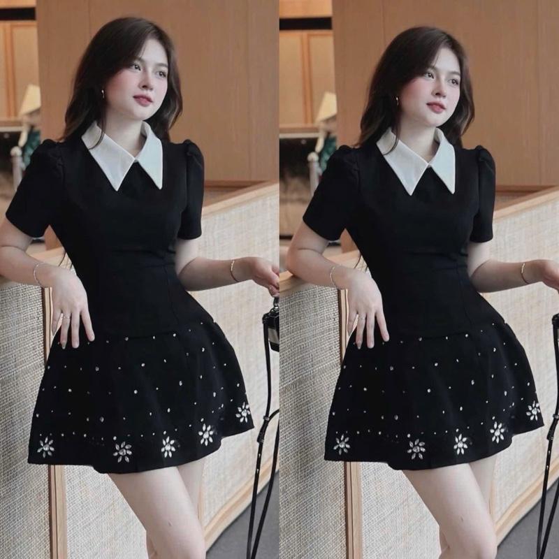 V235 VS2 { ĐÁ ĐÍNH THỦ CÔNG} Đầm xòe ngắn, đính đá lấp lánh sang trọng, Tay ngắn bồng nhẹ, phối cổ trắng điểm nhấn sang chảnh V2
