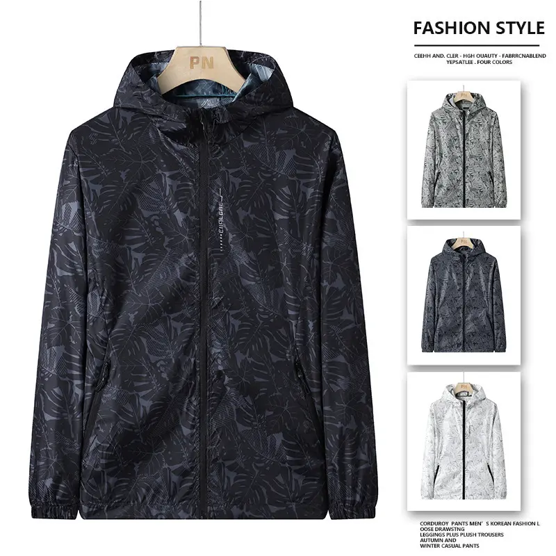 【5 Color】Windbreaker Bomber Jacket Print Men with Zipper and Pocket Quick-Drying Ice Silk Ultraviolet Protection Hooded Jacket Cardigan Men