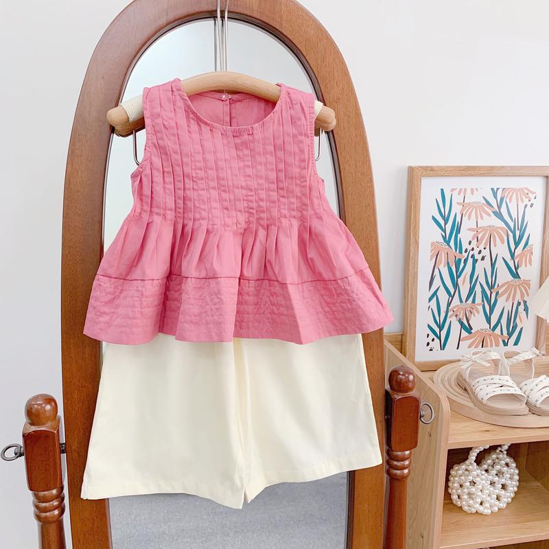 S6203- Bộ Đồ Bé Gái Áo Babydoll Màu Hồng Quần Xuông Kem Size 10-27kg