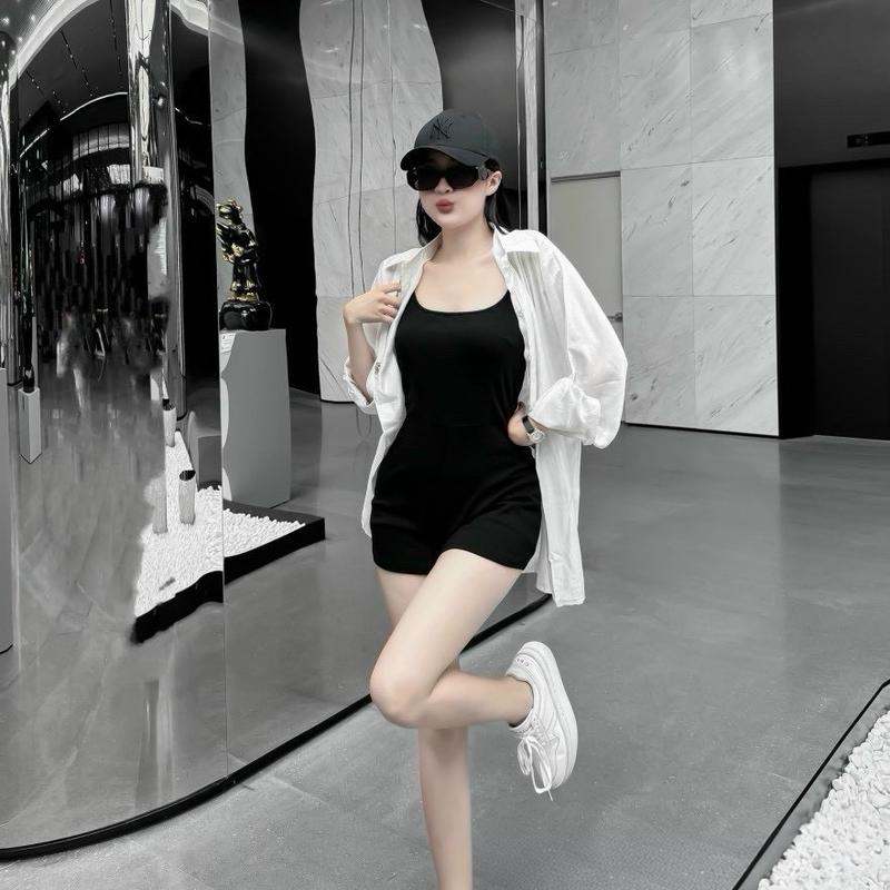 Sét jum đùi bodysuit nữ 2 món chất thun tăm+áo khoác sơ mi đũi ngoài tay dài cao cấp top women Nhung Cao Su Dài Tay Voi