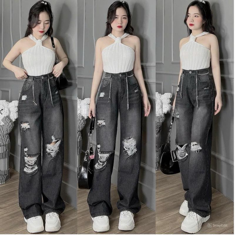 Quần bò nữ cạp cao dáng xuông 0700 màu đen rách cá tính, cạp cao hách dáng - Women, Pants Jean 0