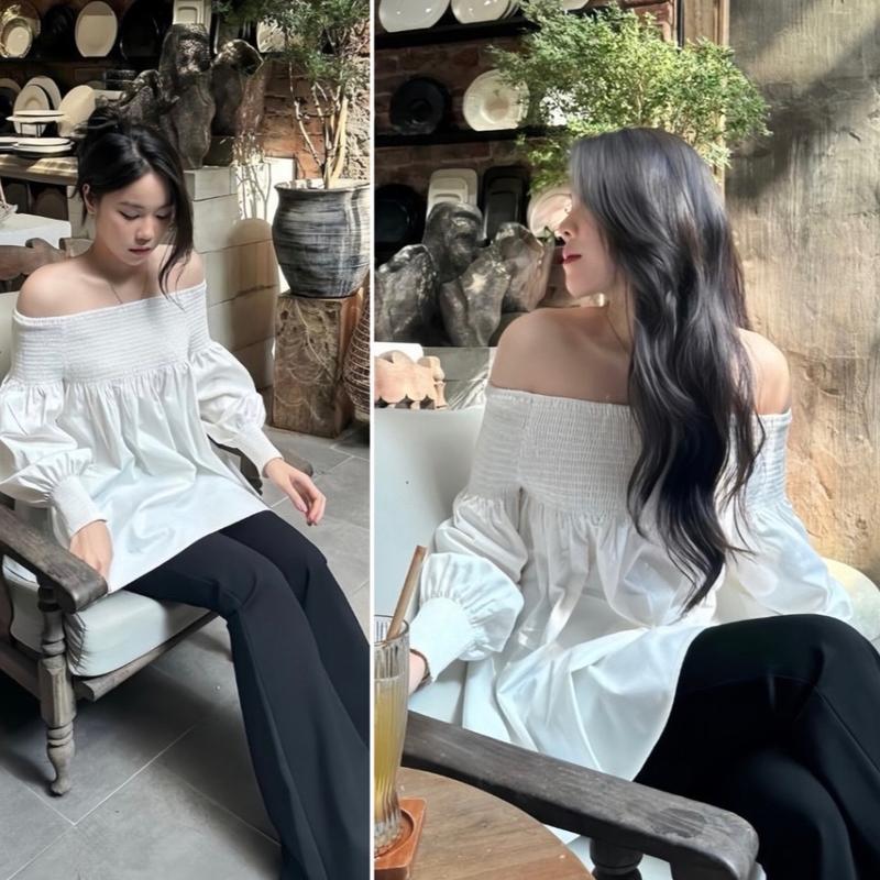 Đầm trễ vai nữ tay dài from rộng thiết kế bo chun tay dài 6