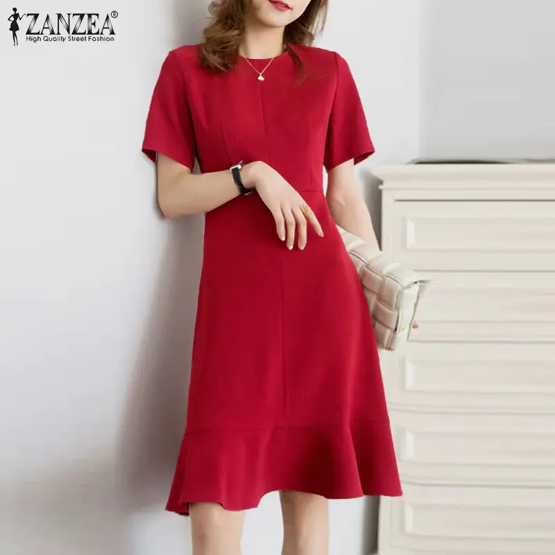 Zanzea Korean style womens short sleeved elegant evening plus size baggy plain mini dress