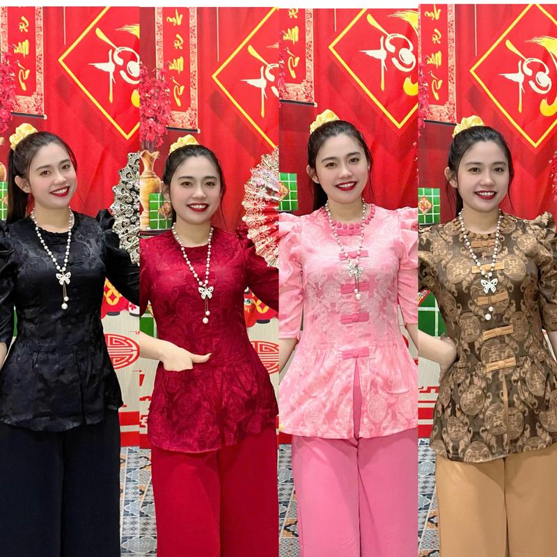 Product Introduction of (Mã 228) Bà Ba Cổ Tròn Tay Phồng túi tiền , Phối Quần Lụa Mago Mềm Mịn có Túi 2 bên, đồ lam đi chùa Nữ Top Women Nhung Kem Hồng Áo Thun Xanh Dương Voi 13