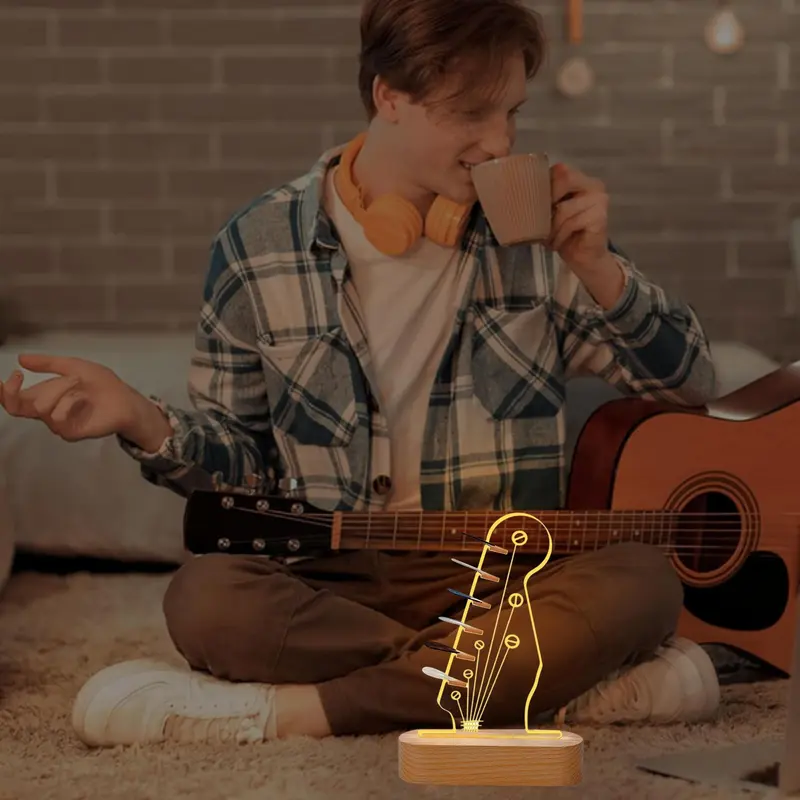 Guitar Shaped USB Rechargeable Night Light, Creative Guitar Design Ambient Night Light with Wooden Base, Decorative Light for Home Bedroom Living Room 6