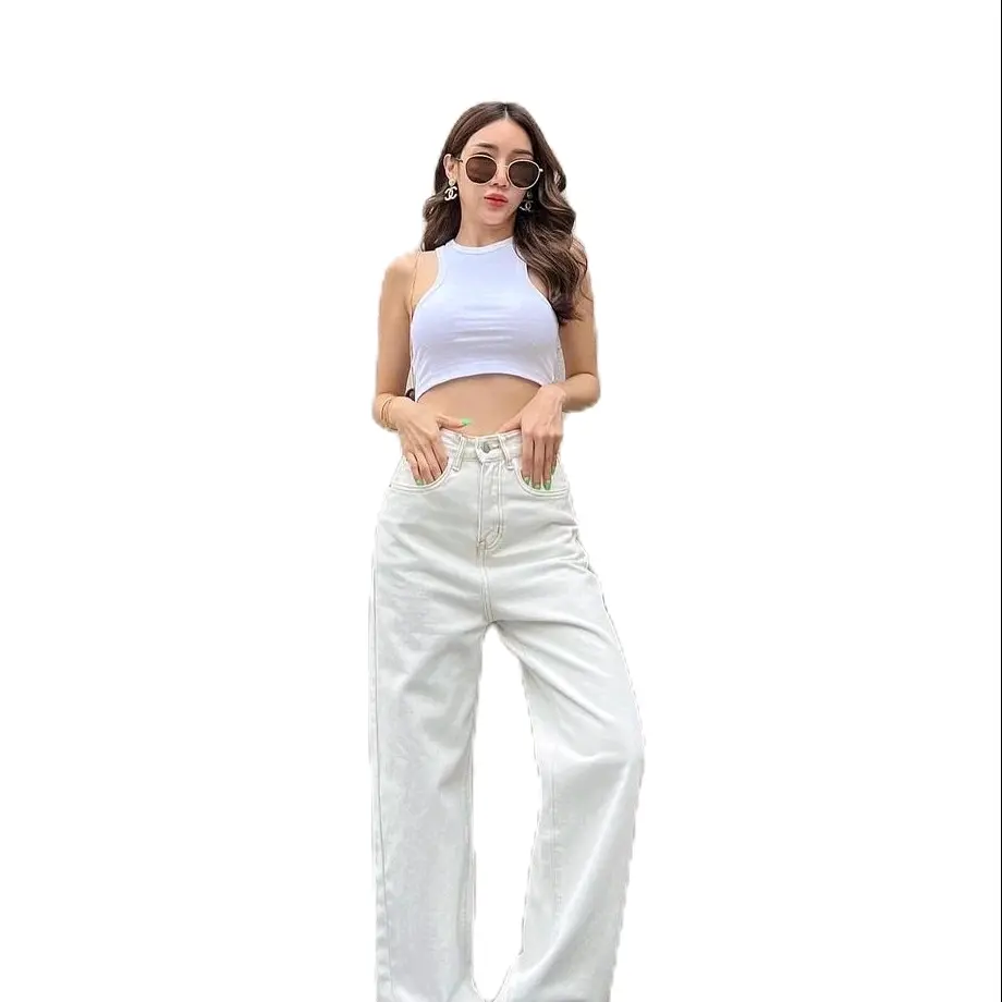 jeans loose broken white haighwaist -  Putih Polos Celana Bawahan High