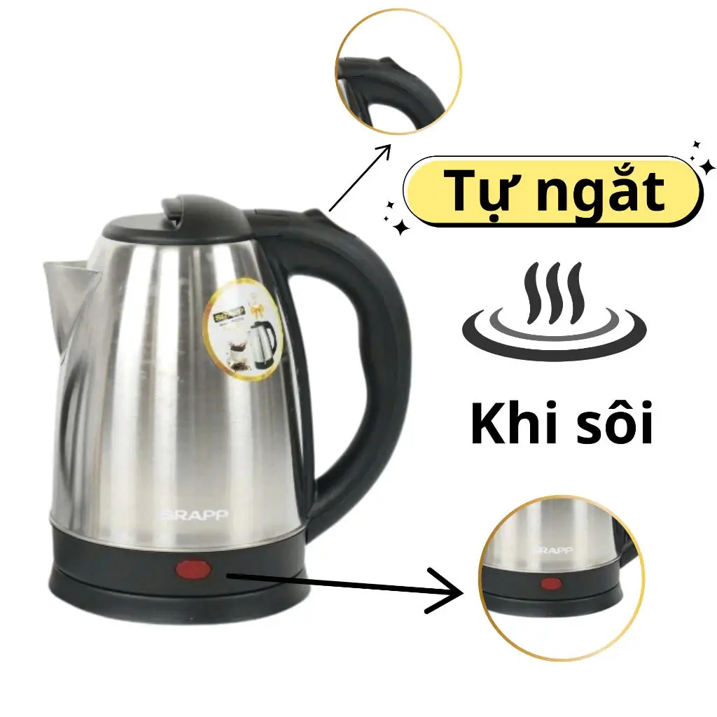 Ấm siêu tốc SRAPP inox chống rỉ an toàn cho người dùng, sôi nhanh trong 5 phút, bảo hành 12 tháng