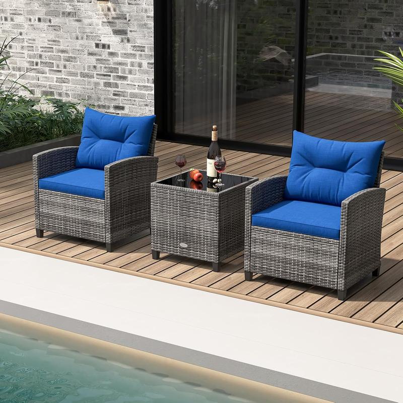 3 Pieces Outdoor Rattan Bistro Set, Patio Wicker Conversation Furniture Set with Cushions & Tempered Glass Tabletop, Metal Frame Garden Conservatory Sofa Table for Porch Balcony (Navy) 5