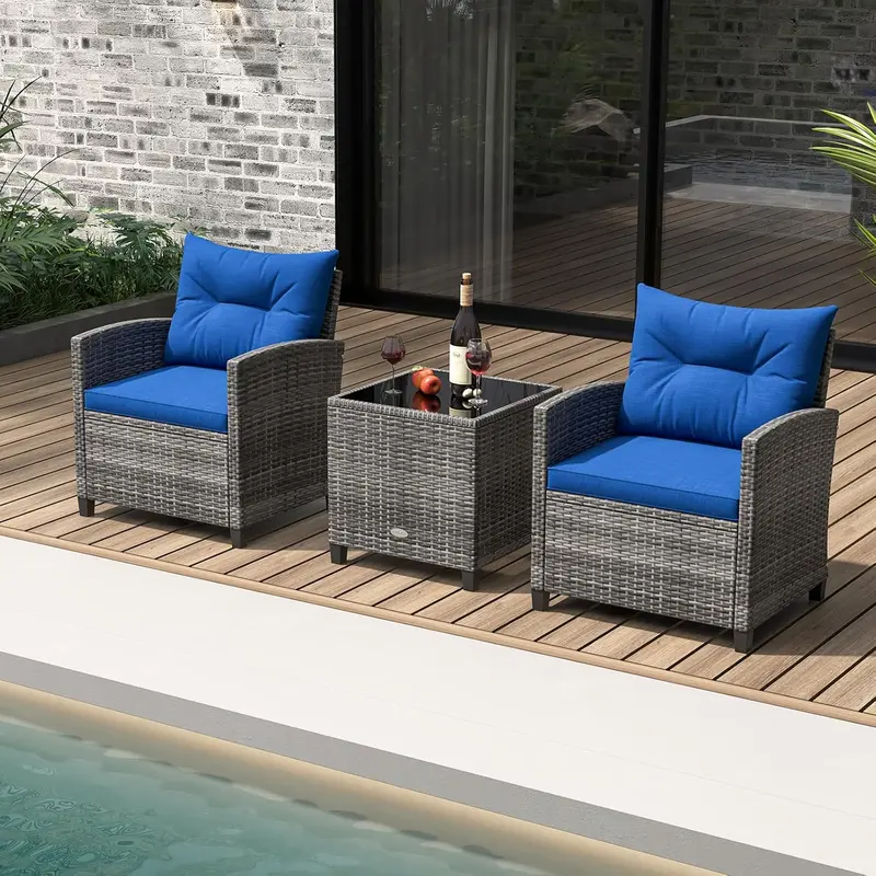 3 Pieces Outdoor Rattan Bistro Set, Patio Wicker Conversation Furniture Set with Cushions & Tempered Glass Tabletop, Metal Frame Garden Conservatory Sofa Table for Porch Balcony (Navy) 5