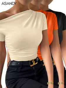 Playera de cuello asimétrico fruncido para mujer, camiseta casual de manga corta para verano, ropa de damas para uso diario