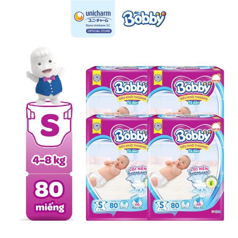 (SS) [COMBO 4] Bobby Tã/bỉm dán S80/M76/L68/XL62/XXL56 Siêu khô thoáng lõi nén cotton-soft cho bé
