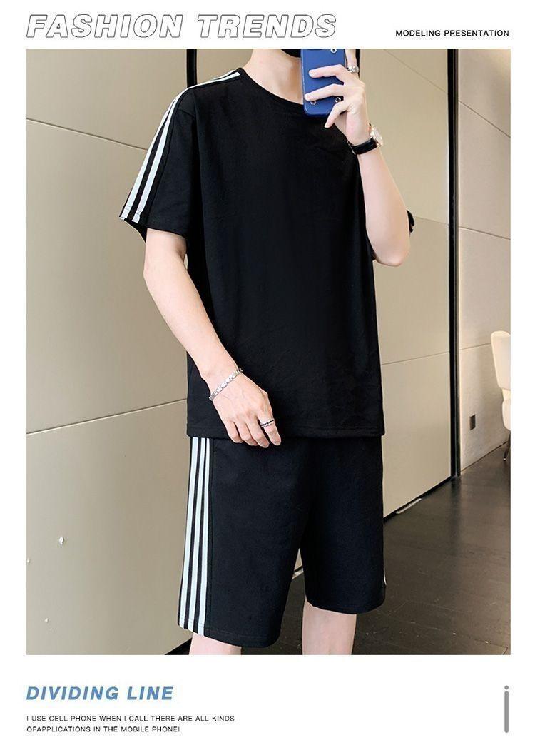 Product Introduction of Summer Men's Fashion Set Trendy Full Set Casual Loose Stylish Shorts Set One Complete Set with Three Stripes Sports 10