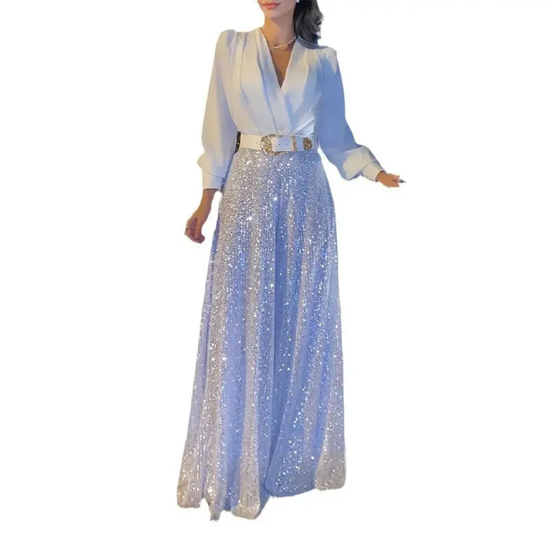 New fashion v-neck long sleeve elegant shirt waist sequined wide-leg pants