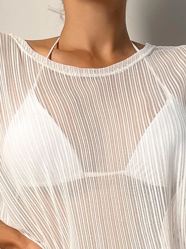 Women's Plain Sheer Batwing Sleeve Cover Up, Summer Clothes Women Boho Casual Mesh Short Sleeve Round Neck Cover Up, Ladies Summer Clothes, Clothing 2