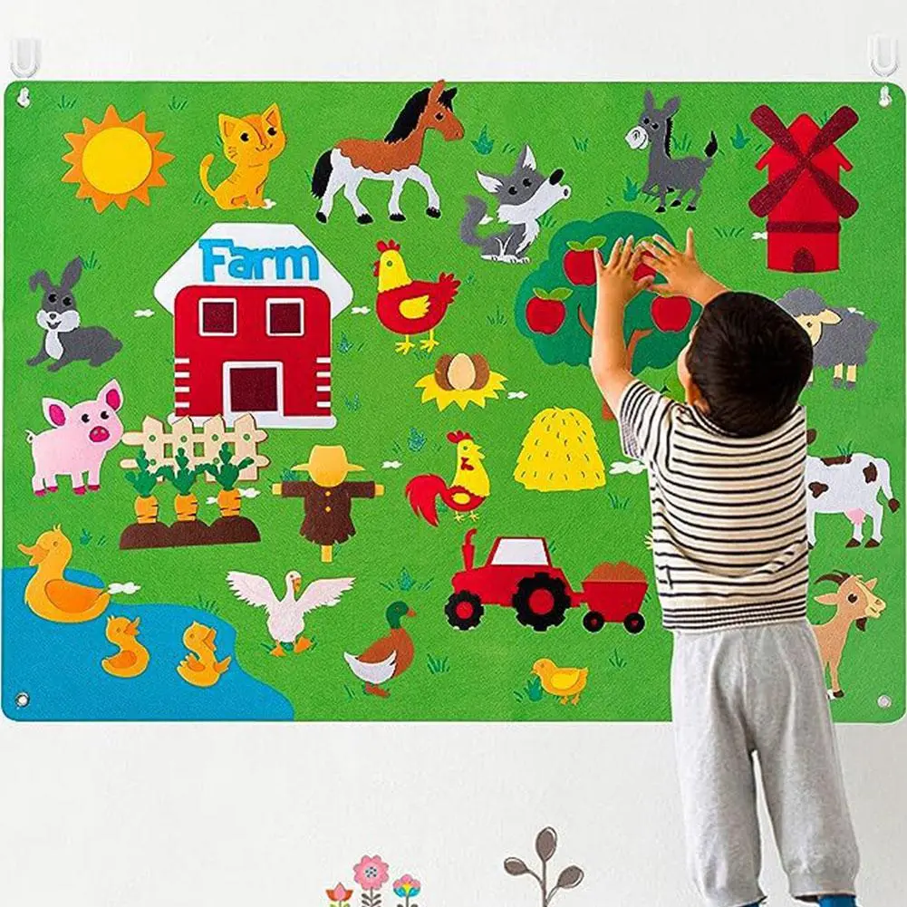 DIY Felt Board Toys Funny Toddler Montessori Story Decoration Animals Cartoon Farm Pattern K9X4