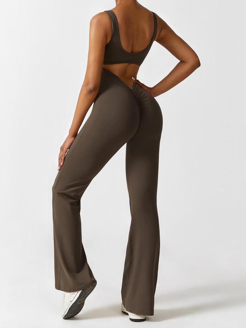 Product Introduction of Valentine's Day Women's Plain Minimalist Cut Out Ruched Backless Flare Leg Jumpsuit with Removable Chest Pad, Gift, Summer Comfort Sleeveless Scoop Neck Tank Jumpsuit for Womenswear 9
