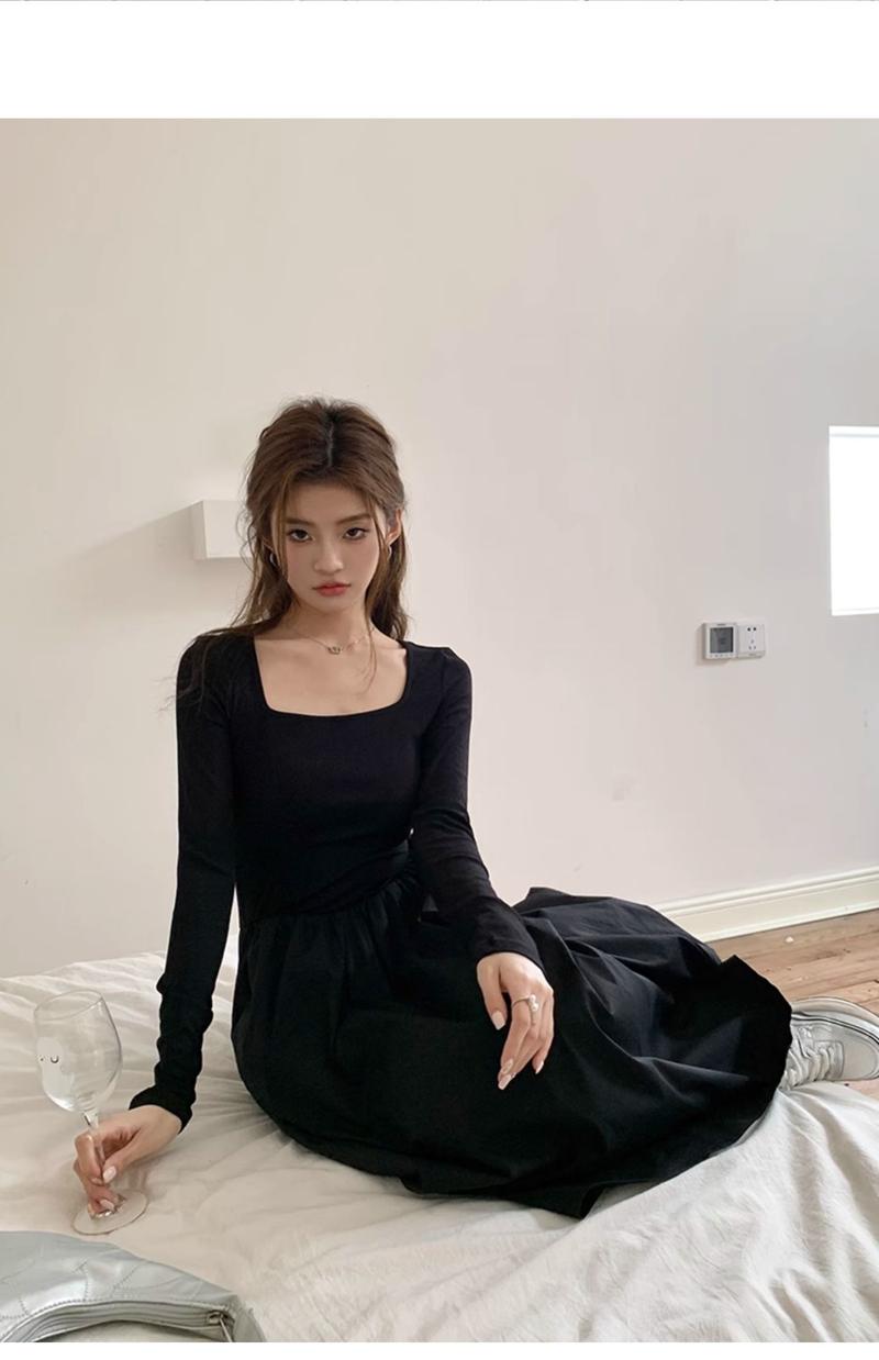 Product Introduction of French Hepburn style long sleeve square neck bottoms dress WOMEN'S autumn 2024 new high-grade elegant inner match long dress Casual Womenswear 6