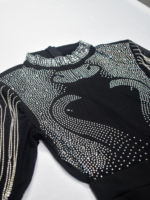 Women's Rhinestone Decor Zipper Back Sheer Mesh Jumpsuits, Fashion Long Sleeve Stand Collar Jumpsuit for Party Club Dating, Women's Clothing for Spring & Fall 2