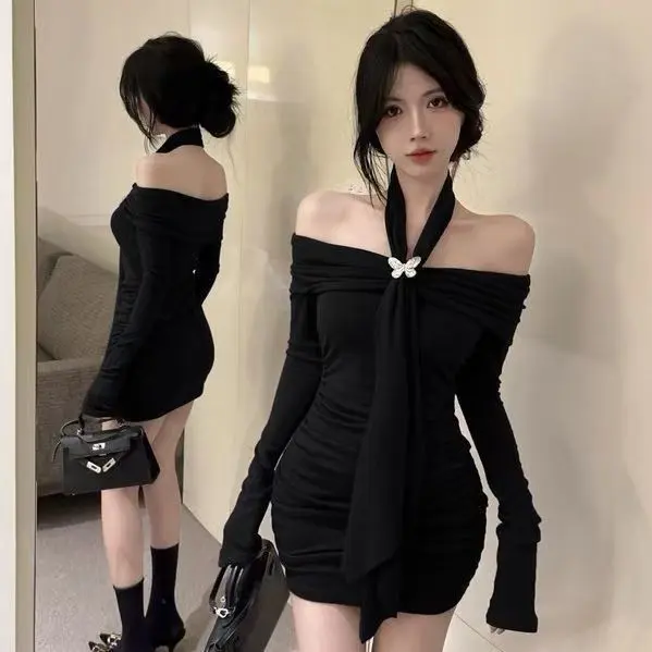 Váy Bó Sát, Phong Cách Mùa Thu Đông, Thiết Kế Gợi Cảm Và Gợi Cảm, Váy Mẹ Nhỏ, Trễ Vai, Phong Cách Xã Hội, Có Thể Mặc Bên Trong, Kiểu Cổ Yếm, Màu Tím, Váy Dài Tay, Váy Nữ Women Dress