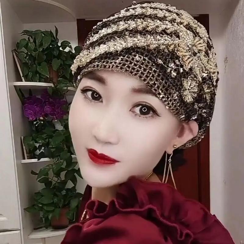 Glitter Diamonds Embroidery Lace Turban Hats for Women Muslim Headscarf Head Wraps Caps Female Daily Beanie Hair Cover Cap 3