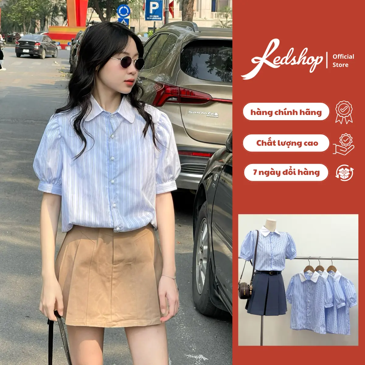 Áo sơ mi nữ ngắn tay kẻ sọc xanh cổ phối trắng Red Shop 304100 phong cách Hàn Quốc Cotton Top