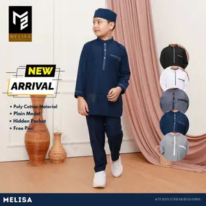 Baju Koko Setelan Pakistan Anak Bahan Poli Katun Sepasang Baju Celana Dan Peci Size S M L Buat Anak 1-14 Tahun Warna Biru Navy Polos