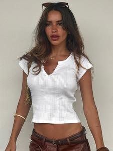 Women's Plain Button Front Ribbed Tee, Casual Short Sleeve Crew Neck T-shirt for Summer, Fashion Women's Top for Daily Wear