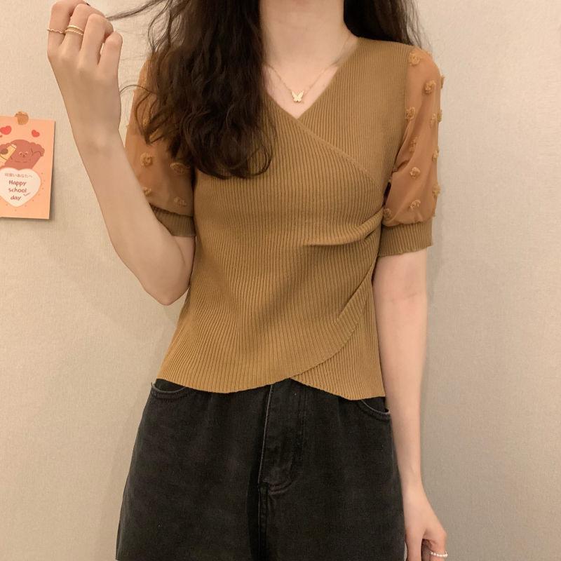 Product Introduction of Áo Thun Thiết Kế Voan Dáng Ôm, Knatwear, Cổ Chữ V, Ngắn, Dành Cho Nữ, Màu Đỏ Ngủ, Quần Áo Nữ 23