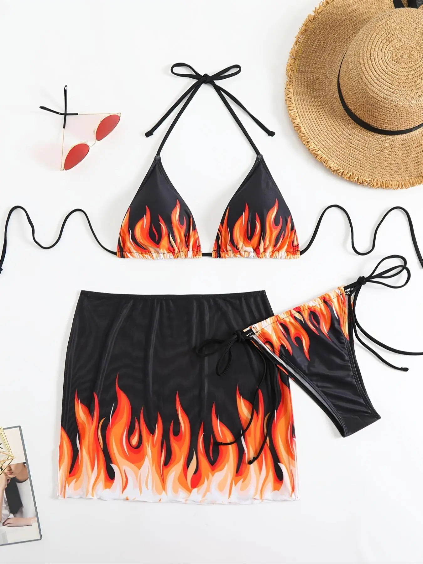 Three-Piece Set Women's Fire Print Bikini Set, Casual Halter Neck Swim Top & Swim Bottom & Cover Up Skirt Set, Ladies Swimsuit for Beach Holiday Vacation