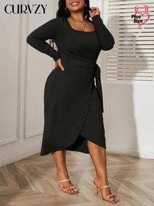 CURVZY Plus Size Solid Knot Front Wrap Ribbed Dress, Elegant Long Sleeve Square Neck Dress for Spring & Fall, Women's Clothing for Daily Wear, Valentine's Day Gift for Girl, Fall & Winter Clothes, Summer Dresses 2025