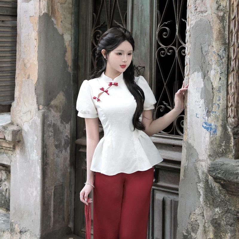 Áo Tâm An Dáng Peplum Tay Bồng Cổ Tàu Cách Điệu Vải Tafta Áo Dài Thiết Kế Có Bigsize Clay Clothing