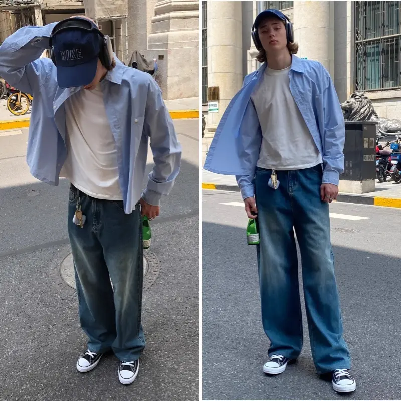 HI.KING Quần jeans nam phong cách Mỹ, cao cấp thoải mái, co giãn tốt, phù hợp cho nhiều dịp, quần jeans rộng M-3XL. 1