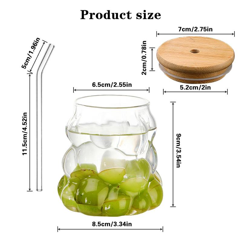 Product Introduction of Creative Grape Shaped Drinking Glasses, 2 Counts Glass Cup with Bamboo Lid & Glass Straw, Reusable Drinking Cup for Home Office, Drinkware, Kitchenware 1