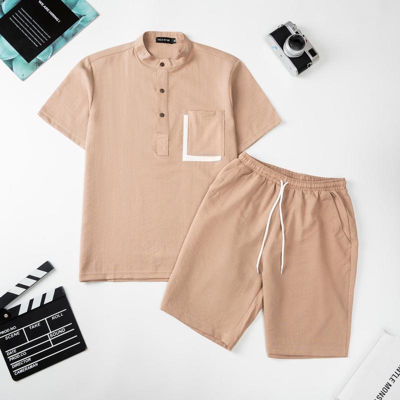 Bộ Đũi Nam Cổ Tàu Tay Ngắn Quần Đùi Chất Liệu Vải Đũi Mềm Mịn Nhẹ Thoáng Thấm Hút Mồ Hôi Tốt Màu Sắc Nam Tính Cotton Sơ Mi Menswear Nhung Áo