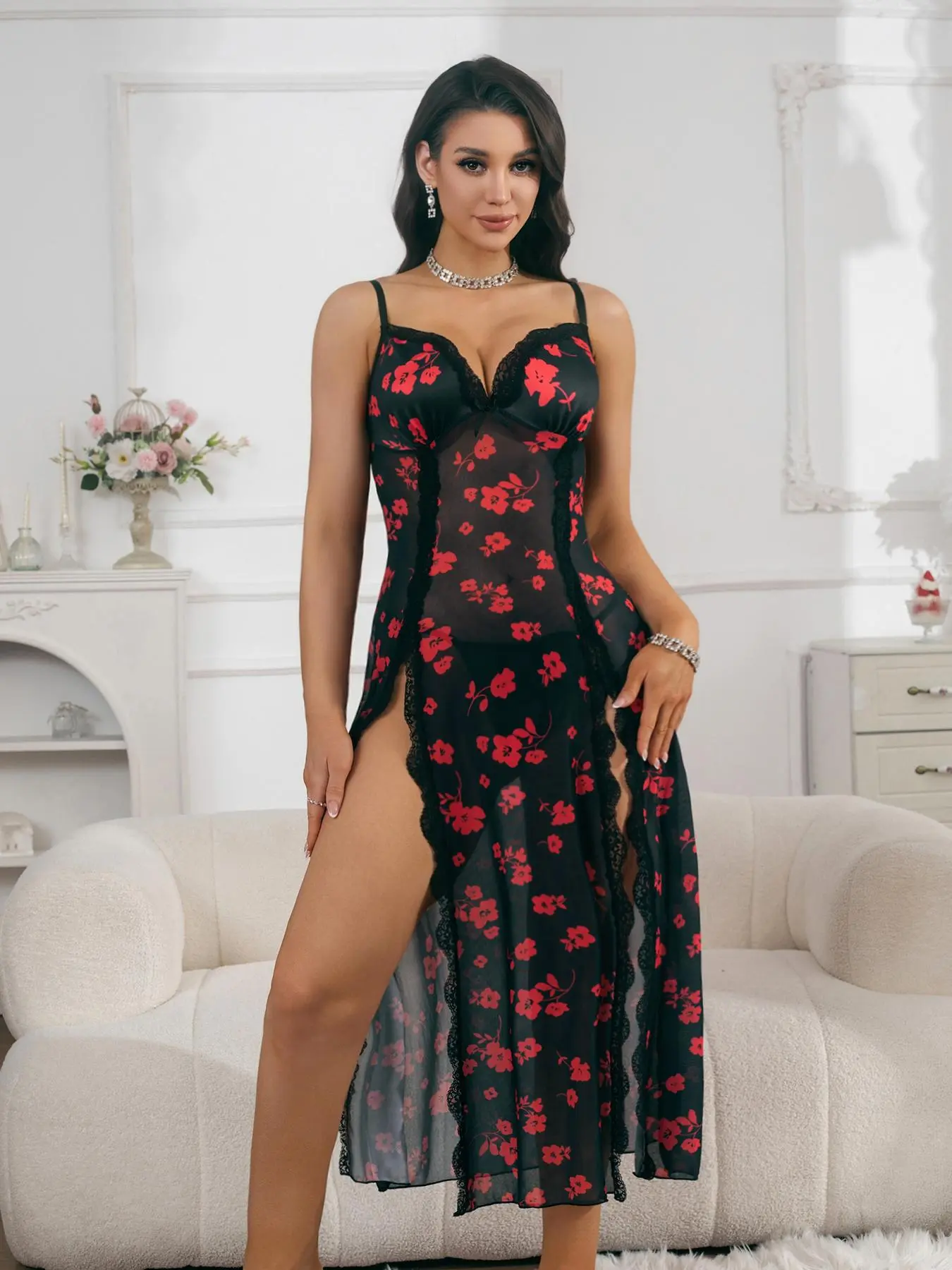 Women's Floral Print Sexy Cami Nightdress & Thong Sexy Lingerie Two-piece Set, Romantic Comfy Breathable Nightgown & Panty Set for Women, Ladies Sleepwear for All Seasons