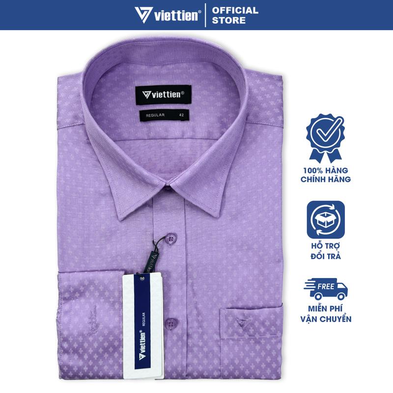 VIỆT TIẾN SALE - Áo Sơ Mi Viettien Tay Dài, Màu Hoa Văn Tím, Form Regular, Lai Bầu, Quà Tặng Nam Trung Niên Công Sở, Sơ Mi Nam, 1P1431NT8 Menswear