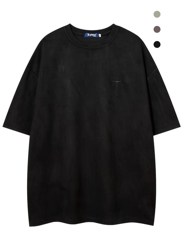 Unisex Regular Fit Letter & Cross Print Drop Shoulder Tee, Men's Casual Soft Comfy Round Neck Half Sleeve T-Shirt for Summer, Fashion Men's Top for Daily Wear 0