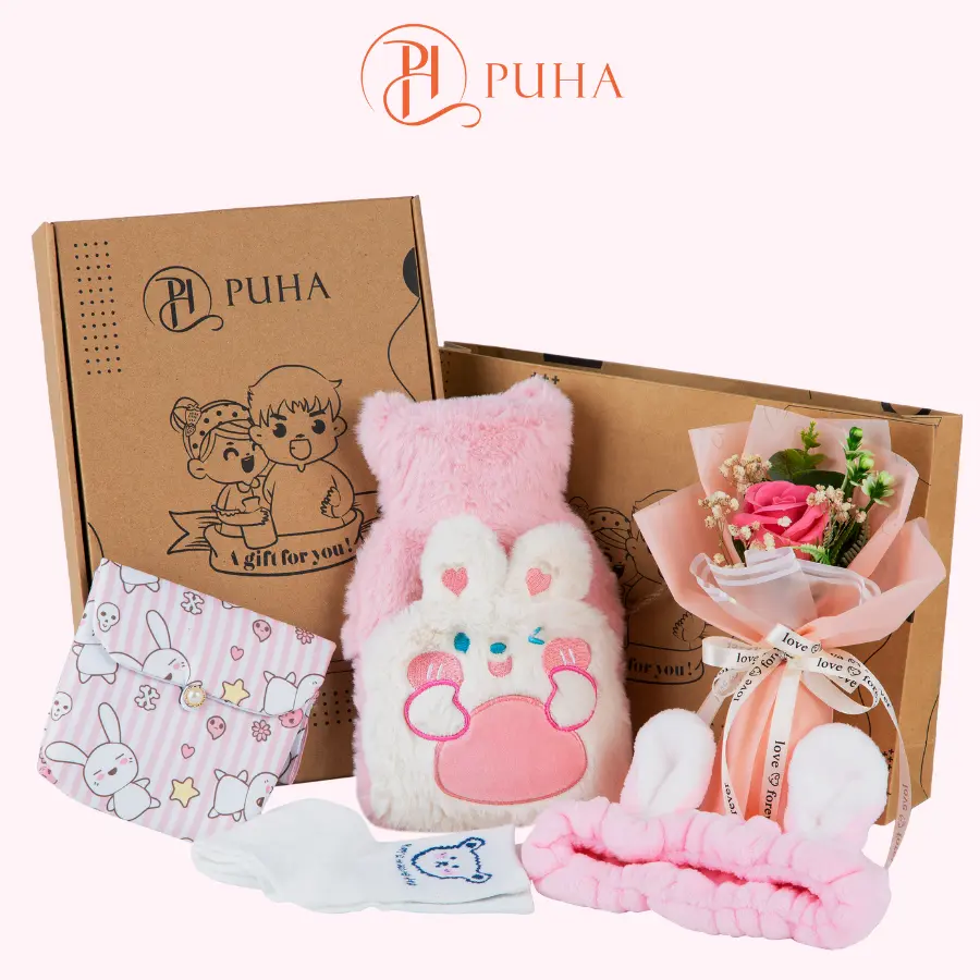 Quà tặng người yêu dịp 8/3, quà tặng bạn gái 20/10, set quà tặng túi chườm kèm hoa hồng 500ml