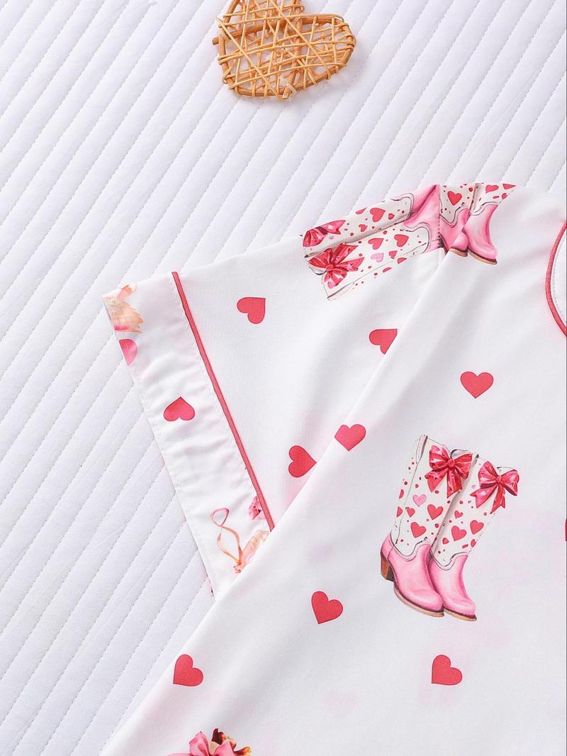 Product Introduction of Women's All Over Cartoon Print Button Front Shirt & Shorts Pyjama Two-piece Set, Casual Comfy Short Sleeve Top & Shorts Pj Set, Ladies Sleepwear for All Seasons, Pajamas 4