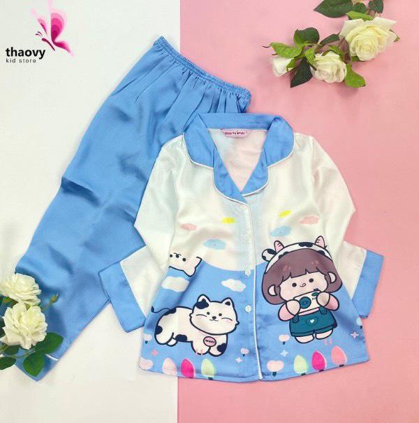 [10-57Kg] Bộ Pijama Bé Gái và Mèo Dài Vải Lụa Cao Cấp - ThaoVySleepwear - Xanh Rêu Đỏ Hồng Tím - Quần Áo Ngủ Pijama Nữ - Bé Gái - Bộ Ngủ Lụa Đồ Bộ Mặc Nhà Homewear Sleepwear Không Nhăn Co Giãn Không Xù Giặt Không Rút Dép Lê