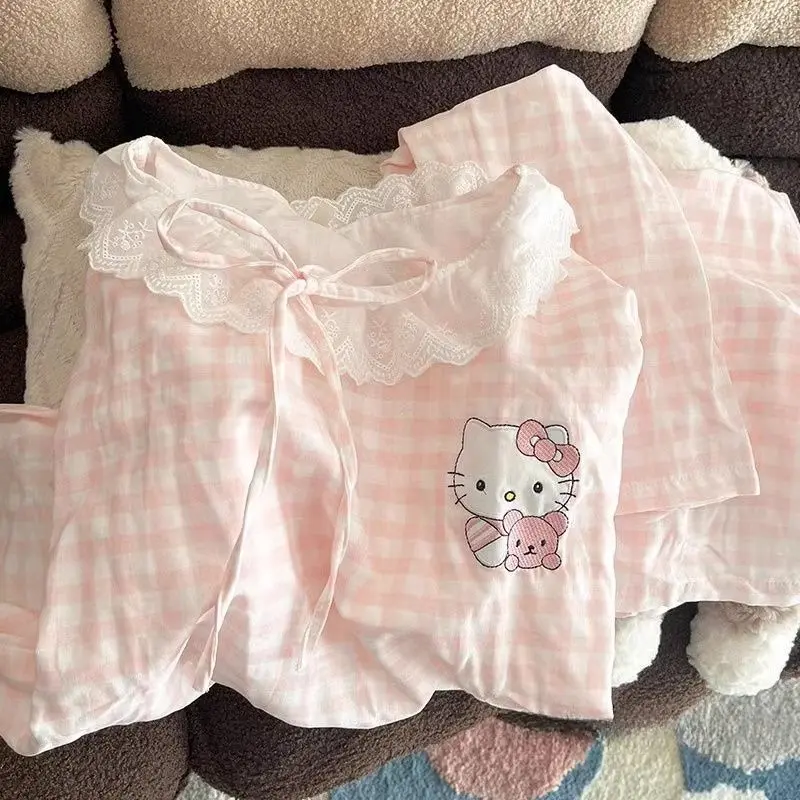 Bộ Đồ Ngủ Hello Kitty, Phong Cách Công Chúa, Cổ Tròn, Dành Cho Nữ, Bộ Sưu Tập Xuân Thu, Áo Dài Tay Và Quần (Áo Mặc Bên Ngoài), Sẵn Sàng váy  ngủ  cho  bé  gái