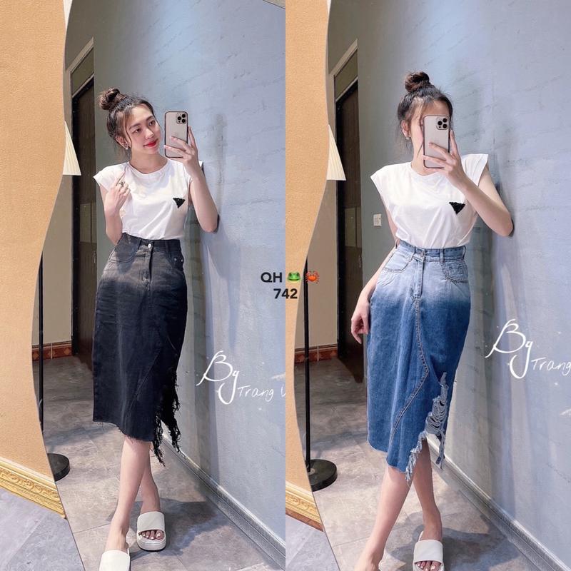 Chân váy jeans dài loang 2 màu chiều dài 75cm vải mềm mịn