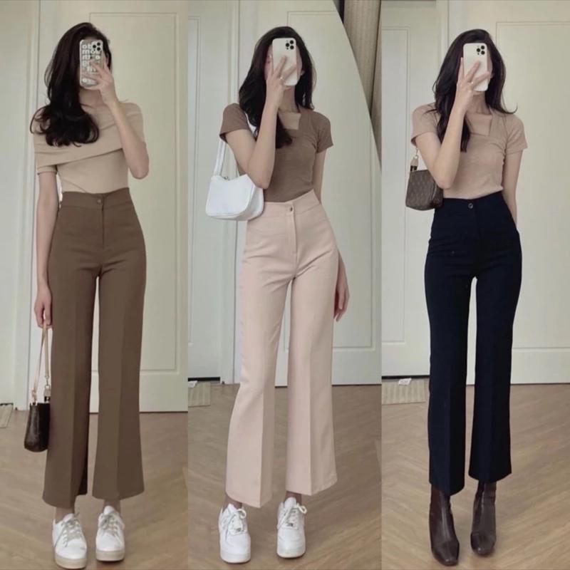 Quần Ống Suông Loe Nhẹ  Dáng Lỡ Lưng Cao Nữ Women Ống Loe Đen Pants Voi Nhung Ong