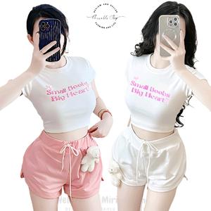 [Size S, M] Set Phối Áo Croprop Borip Form Basic Ôm Body In Chữ Small Boobs Big Heart Đính Nơ Kèm Quần Đùi Da Cá Đính Gấu Bông Phụ Kiện ( Gấu Tháo Rời Được), Nữ Women Top Kem Pants  Cổ Tròn Jacket Jacket Cổ Tròn