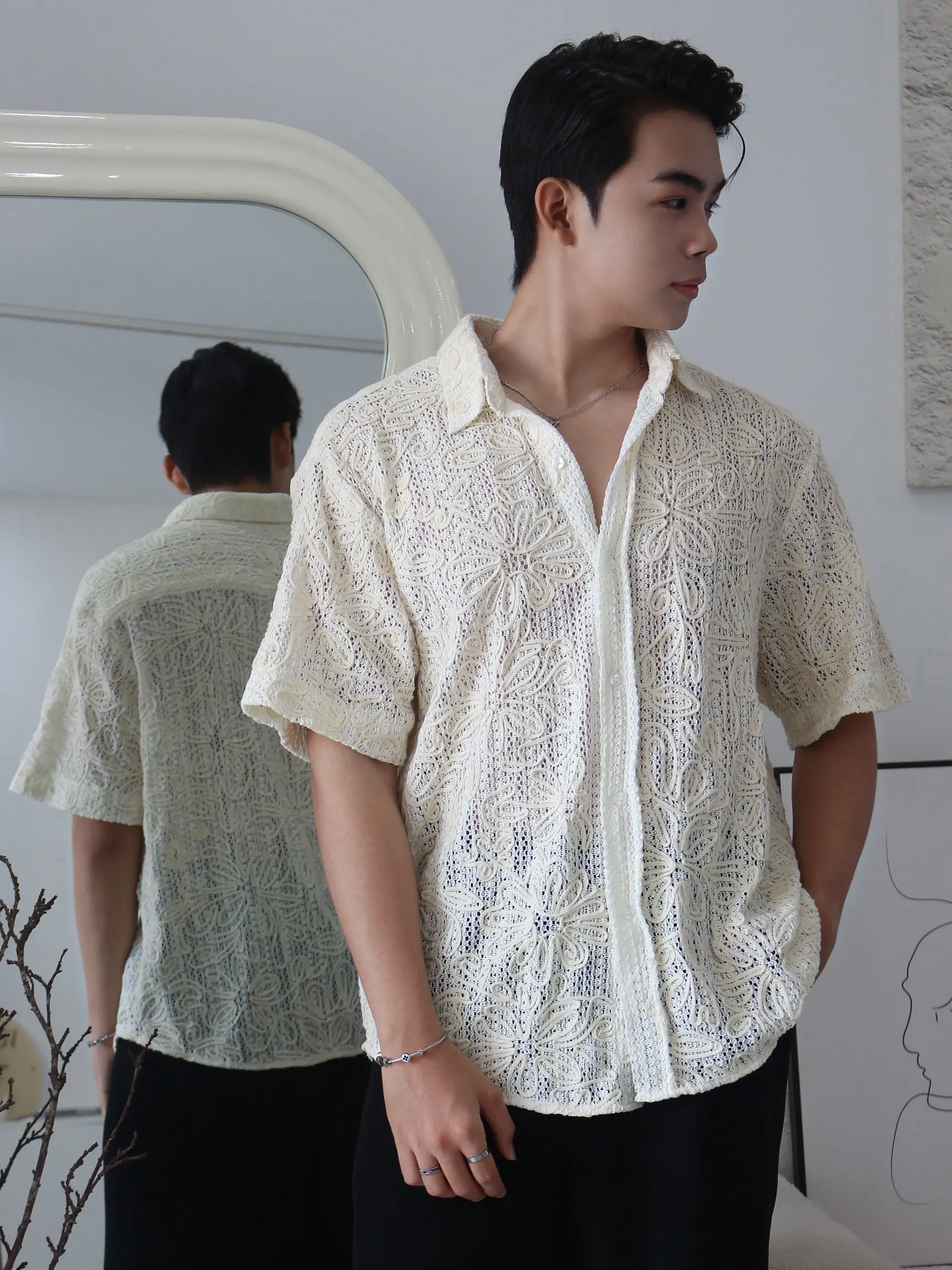 Áo Sơ Mi nam vải dệt giả len thêu hoa - ZELDA Menswear