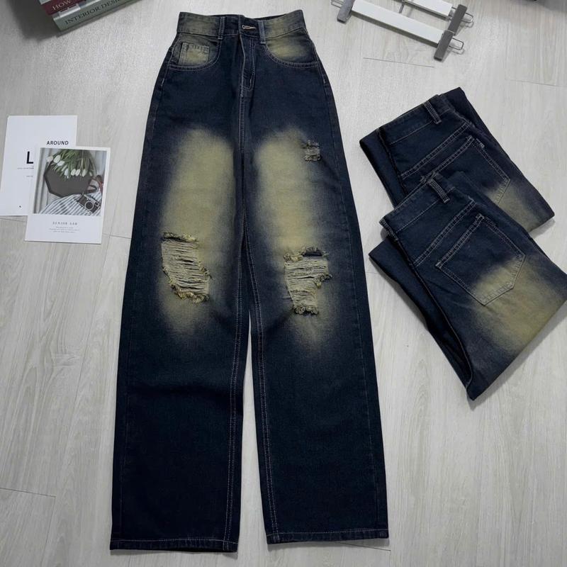  Quần baggy Jean nữ ống rộng lưng cao Wash rách 2 bên - Quần jean nữ ống suông màu xanh bụi nhẹ chất jean mềm TH0594 