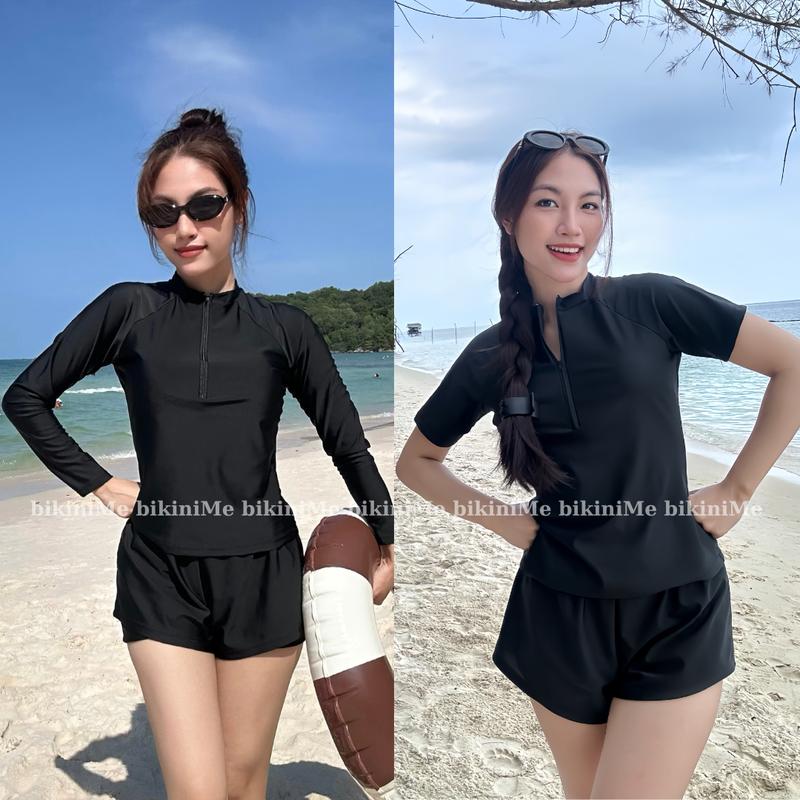Đồ Bơi Nữ Quần Đùi Tay Dài Kín Đáo Phối Dây Kéo Che Nắng Dáng Thể Thao R26 Sport