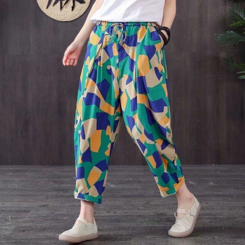 Quần Harem, Hàng Mới Về Với Chất Liệu Cotton, Mỏng Và Bó Sát, Quần Rộng Thùng Thình In Họa Tiết, Ngoại Cỡ, Quần Thường Ngày Vải Lanh Và Cotton, Dáng Rộng Vừa Vặn, Thích Hợp Cho Mẹ, Quần Cropped, [3595 Lặp Lại] quần  xanh  đen quần  ống  rộng  xám  tiêu 3