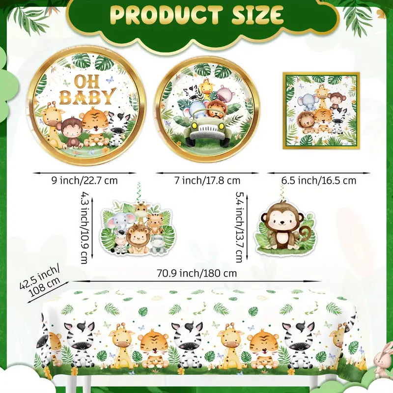 Jungle Animal Themed Disposable Tableware Set, 78pcs/set Including Plate, Cup, Napkin, Straw, Fork, Tablecloth, Party Supplies for Baby Shower 1