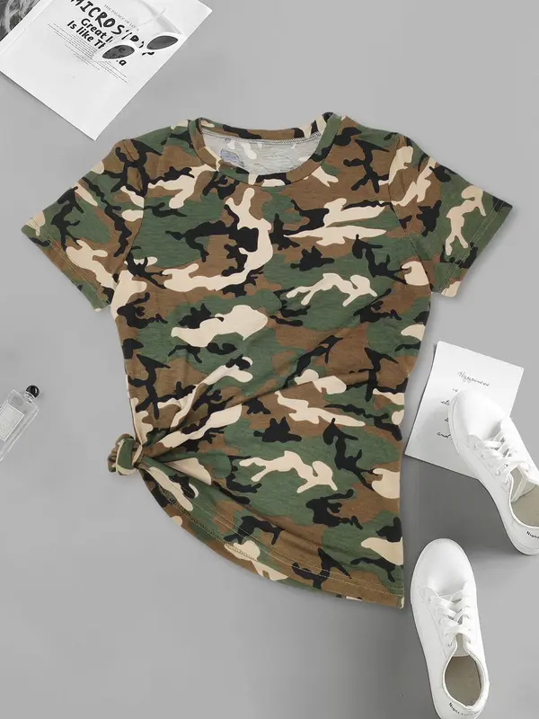Women's Camo Print Round Neck Tee, Fashion Casual Crew Neck T-shirt for Daily Holiday Vacation Outdoor Wear, Ladies Clothes for Summer, Clothing 1